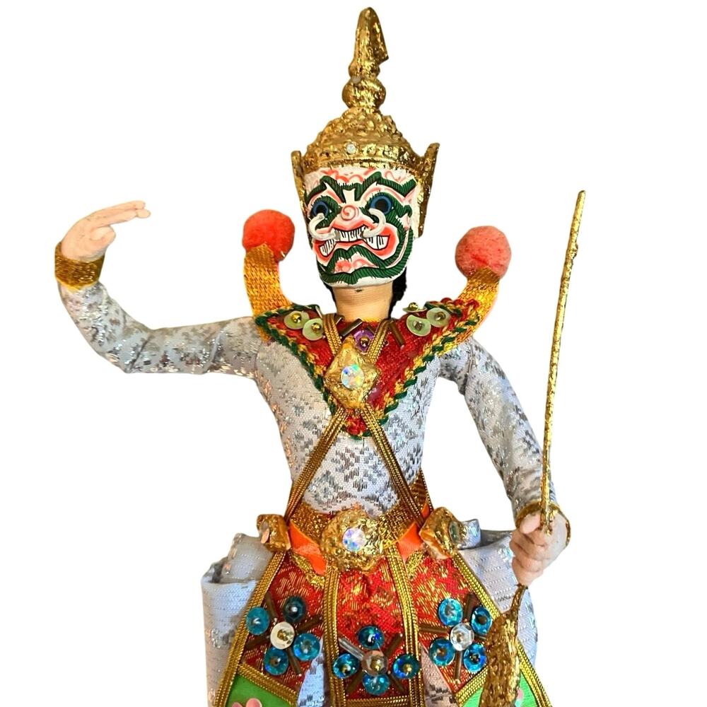 Vintage Thai Khon Demon Dancer Doll – White Costume (11.5”)